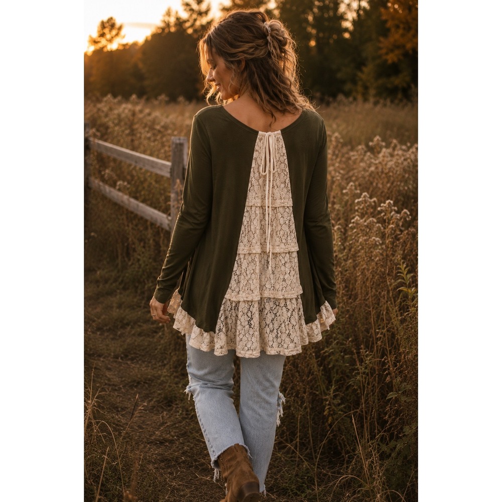 Fantastic Fawn Olive Green Cream Lace Tiered Back Long Sleeve Top Small‎